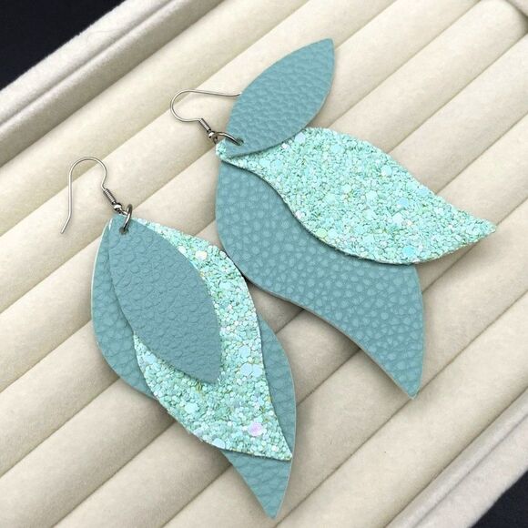 Green Faux Leather with Sequin Layered Leaf 316L Stainless Steel Hook Earrings - Picture 4 of 9